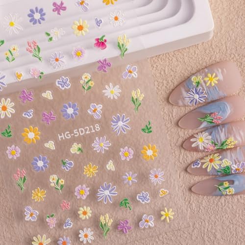 5D Embossed Flower Nail Art Stickers - Colorful Daisy Floral Decals Set (6 Sheets)