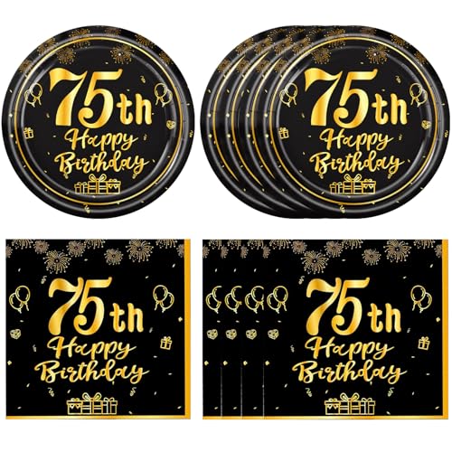 75th Birthday Party Decorations Kit for Men Women - Black & Gold Plates & Napkins | 75th Variation