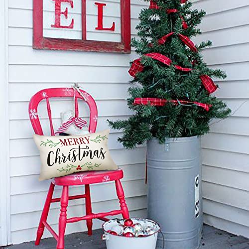 Merry Christmas Lumbar Pillow Cover, Holly Berry Linen 12x20 Inch - White