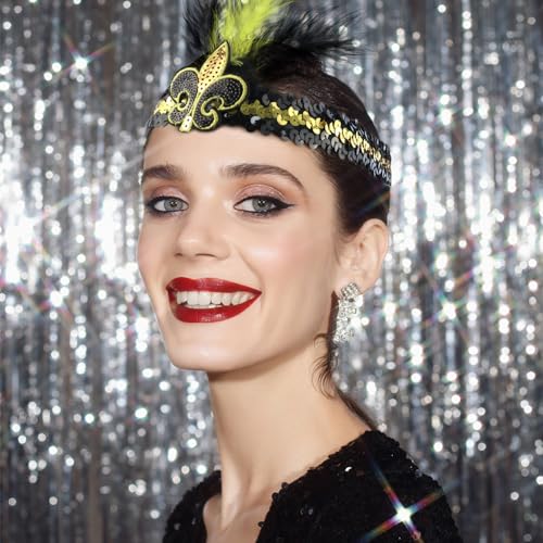 Mardi Gras Fleur De Lis Headband 3-Piece Sequins Feather Hair Band