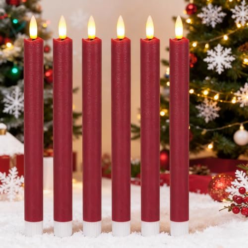 Lasumora Christmas Red Flameless Taper Candles Flickering with 6H Timer - K-Christmas Red-6