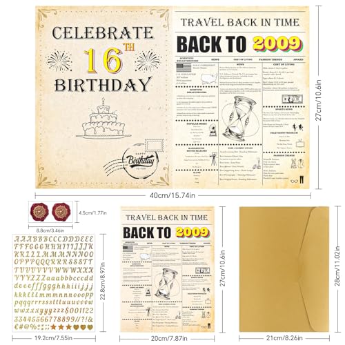 AIRNOGO Vintage 16th Birthday Card Jumbo A4 2009 Facts with Envelope