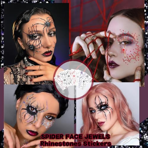 Spider Face Jewels Rhinestone Tattoos 6 Sheets Halloween Makeup Gems