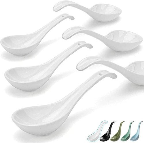 Artena Bright White Soup Spoons Set of 6 - Ultra-Fine Porcelain for Ramen, Pho & Cereal | 6.75-Inch Deep Oval Design