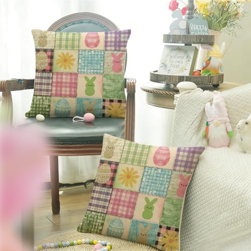 Easter Bunny Pillow Cover 18x18 Inch, Colorful Buffalo Plaid Linen Case