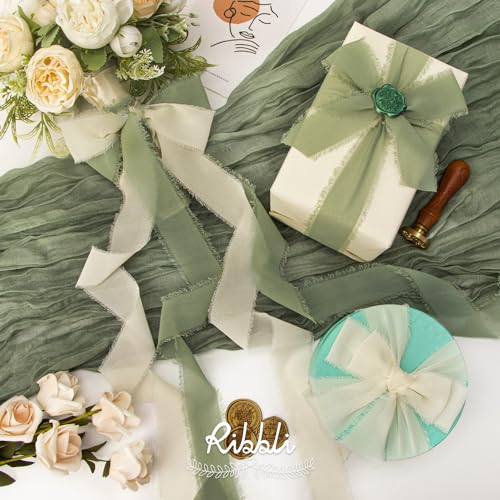Handmade Silk Fringe Ribbon for Wedding & Crafting - Ivory/Dusty Sage/Terracotta, 1.5 Inch x 30 Yards