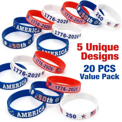 Patriotic Silicone Wristbands - 20 Pack 250th Anniversary Designs