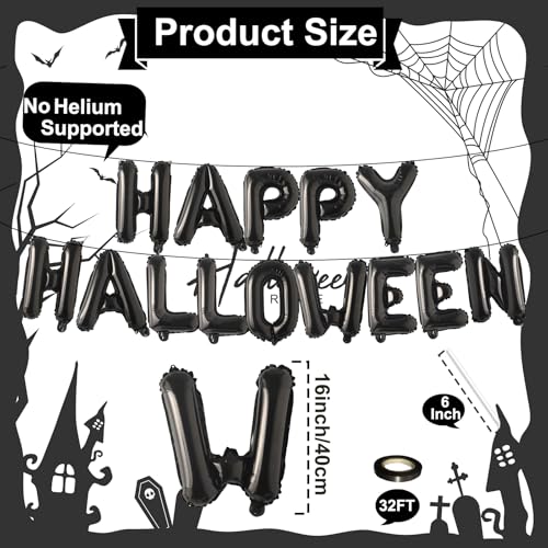 16 Inch Black 'HAPPY HALLOWEEN' Balloon Banner - Mylar Foil Decor