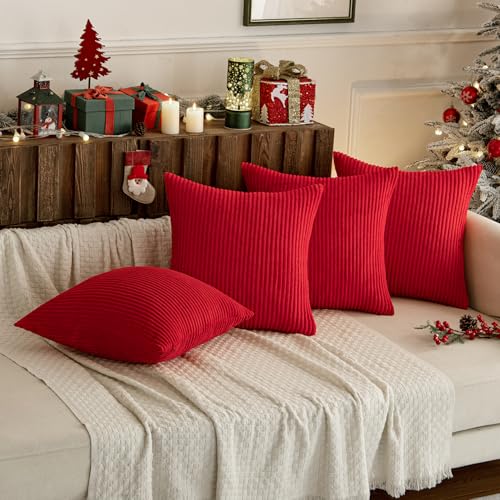 MIULEE Red Corduroy Throw Pillow Covers 16x16 Set of 4 - Christmas Decor