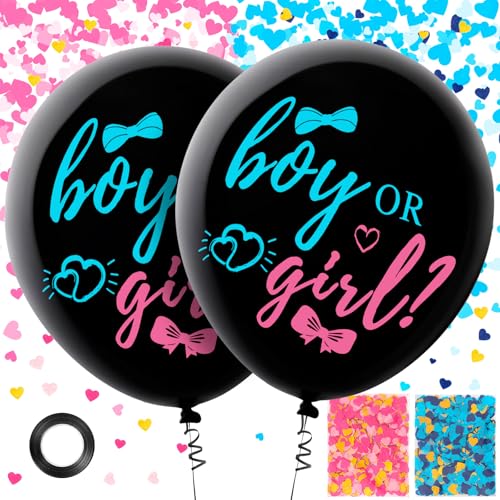 Black Bow Gender Reveal Balloons - 36 Inch Set with Confetti