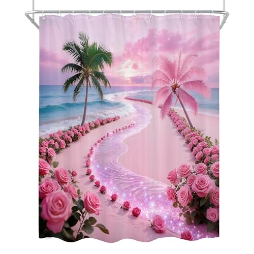 Cinbloo Tropical Beach Shower Curtain Set, Hot Pink Sunset, 60"W x 72"H