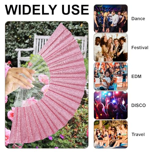 EOSAU 9-Inch Pink Glitter Folding Hand Fan - Women’s Clacking Rave Fan