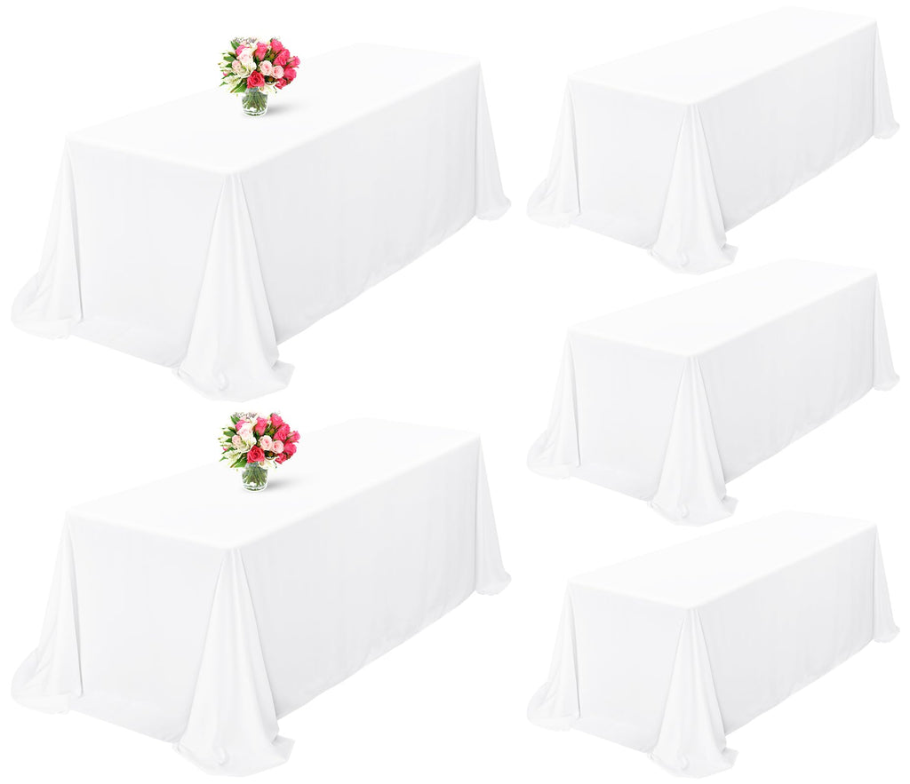 Showgeous 5 Pack White Tablecloths for 8 Foot Rectangle Tables 90 x 156 Inch Rectangular Tablecloth, Bulk Polyester Fabric Table Clothes Washable Long Table Covers for Wedding Party Buffet Restaurant