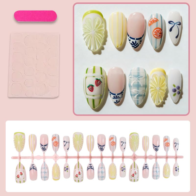 Yellow Almond Press on Nails 3D Lemon Fruit False Nails Kit