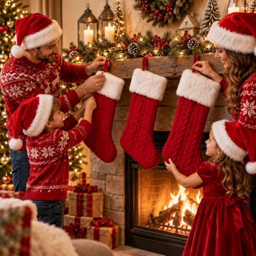 Red Knitted Christmas Stocking Set - White & Red Festive Holiday Decor