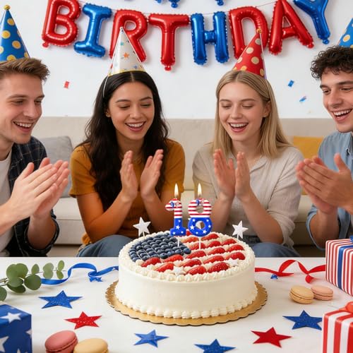 Stars and Stripes Birthday Number Candles - Red White Blue Cake Toppers