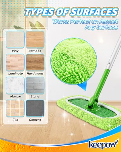 KEEPOW Reusable Mop Pads for Swiffer - Dual-Material Wet/Dry, 4 Pack Green