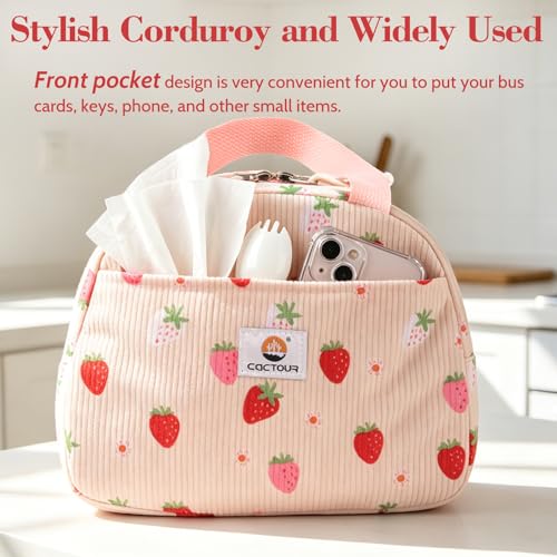CaCTOUR Small Strawberry Corduroy Insulated Lunch Bag for Women & Girls