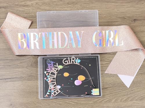 Birthday Girl Sash and Rhinestone Headband Set with Cake Topper Rose Gold