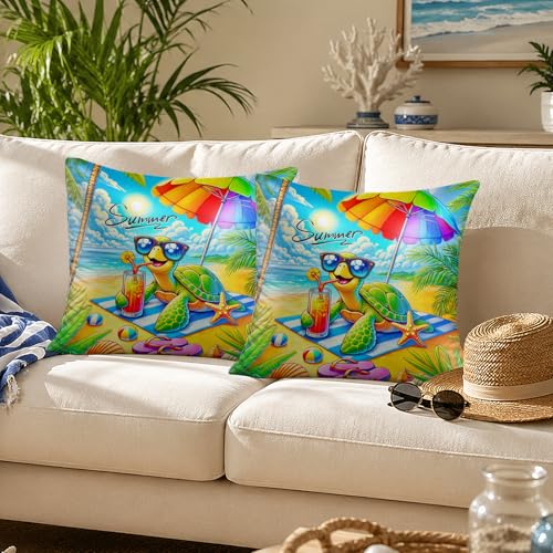 Summer Beach Sea Turtle Throw Pillow Covers Set of 2 18x18 Inches - Coastal Home Decor