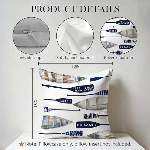 Lake Life Gifts Navy Blue Pillow Cover 18x18 - Double-Sided for Couch & Bed, Boat Lover Decor