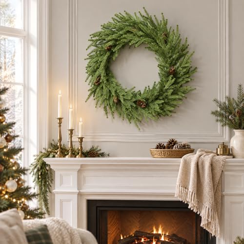 NicBex 24-Inch Green Christmas Wreath with Pine Cones - Front Door Decor