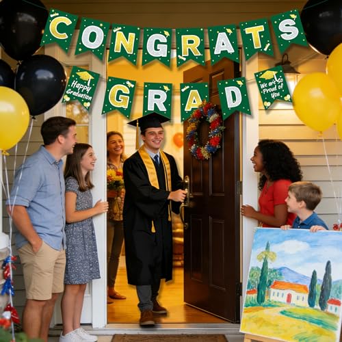 Green and Gold 2026 Graduation Banner Congrats Grad Party Backdrop