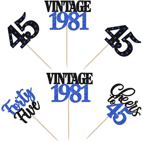 45th Birthday Cupcake Toppers Vintage 1981 Blue Party Picks 24 Pcs
