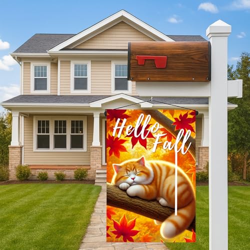Hello Fall Garden Flag 12x18 Inch - Cute Cat & Maple Leaves