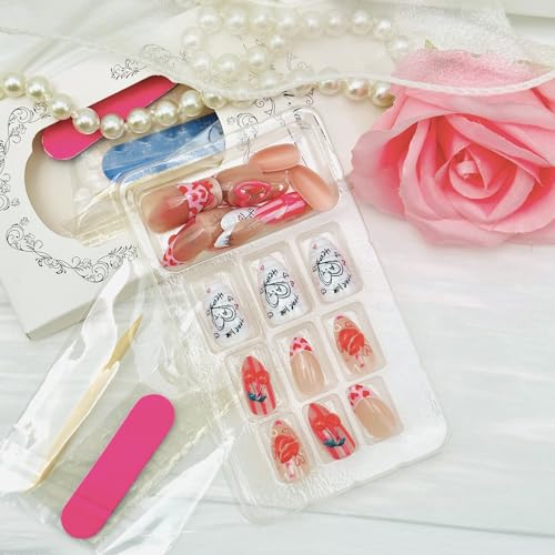 Valentines Press on Nails Short Almond French Tip Fake Nails 30pcs