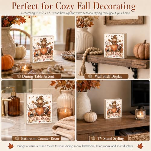 Fall Football Pumpkin Wood Sign, 5x5 Inch Autumn Shelf Decor (FALL81)