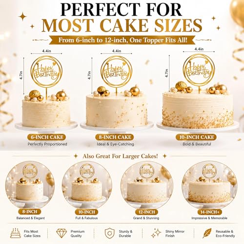 6PCS Gold Mirror Acrylic Happy Birthday Cake Toppers Set