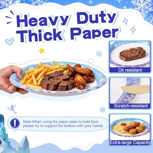 Heavy Duty Snowflake Oval Paper Plates 10.4x12.6 Inches - Blue and Purple, 50 Pack, Winter Party
