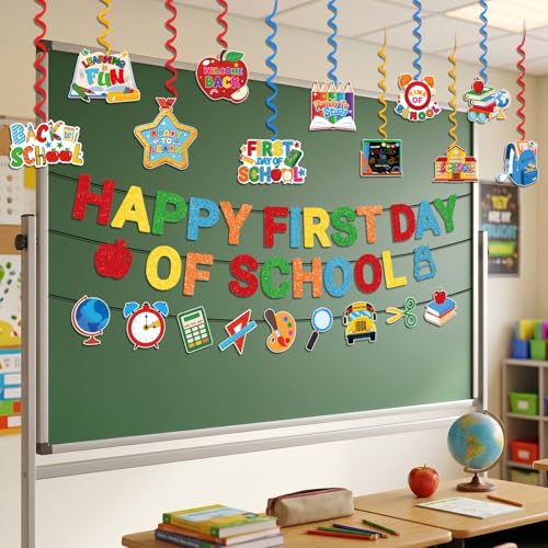 First Day of School Decorations Set | 17pcs Glitter Banner & Swirls