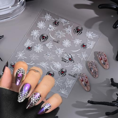 Halloween Nail Stickers 4 Sheets 3D Spider Web Decals with Red Rhinestones