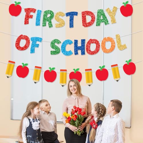 Pre-Strung Happy First Day of School Banner - Glitter Back to School Decor