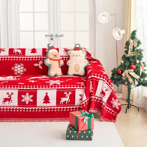 Reversible Christmas Sofa Slipcover Deer Snowflake Pattern Red White 134x71 with Tassels