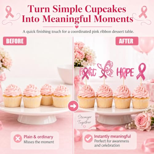 Pink Ribbon Breast Cancer Awareness Cupcake Toppers - 12 Pcs
