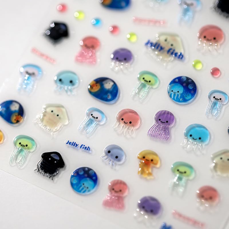 Jellyfish Nail Stickers Ocean Kawaii 3D Self-Adhesive Nail Decals DIY Art