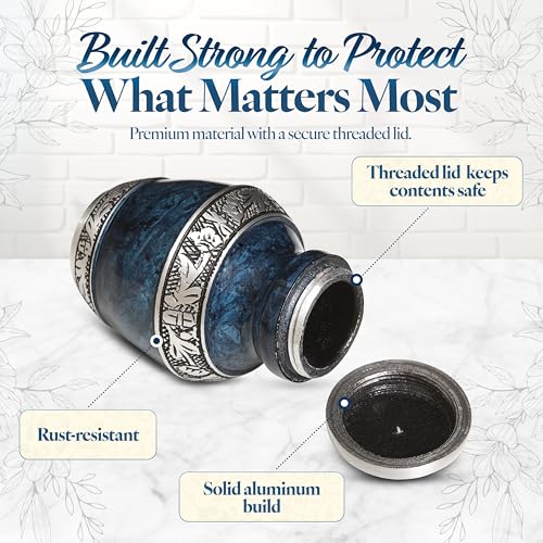 Elegant Mini Keepsake Urn for Ashes - Hand Engraved Blue Aluminum