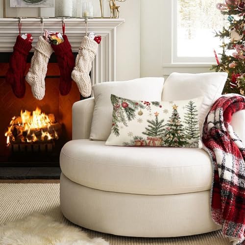 Christmas Pillow Cover 12x20 - Snowflake & Tree Design, Machine Washable
