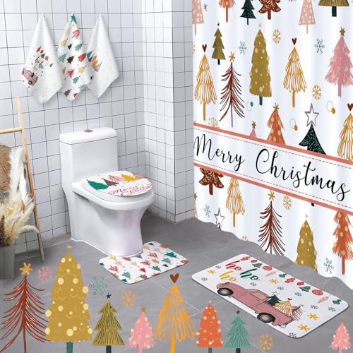 Christmas Boho Shower Curtain Set with Towels and Rugs - Holiday Bathroom Decor