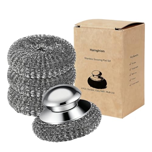 Stainless Steel Wool Scrubber with Handle - 1 Handle & 3 Replacement Pads
