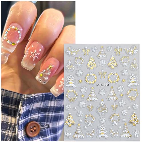 TailaiMei Embossed Christmas Nail Decals Gold Xmas Tree Stickers 3 Sheets