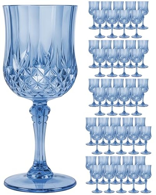 SDBALLBZ Plastic Wine Glasses Set, 7oz Vintage Goblets Shatterproof Unbreakable Reusable & Disposable, Drinking Glasses with Stem, for Wedding Outdoor Dinner Valentine's Day (48pcs, Blue)