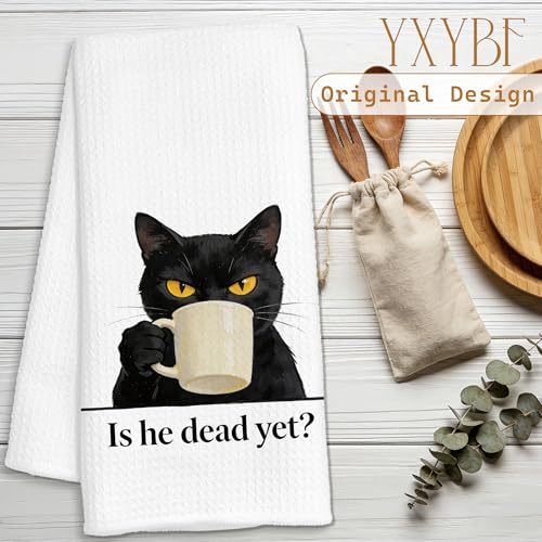 YXYBF Is He Dead Yet? Funny Black Cat Kitchen Hand Towel 16x24 Inches - Cat Lover Gift