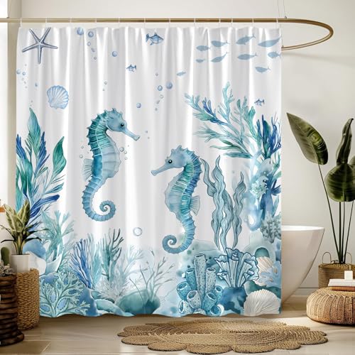 Coastal Seahorse Shower Curtain 70x70 Inch with Hooks