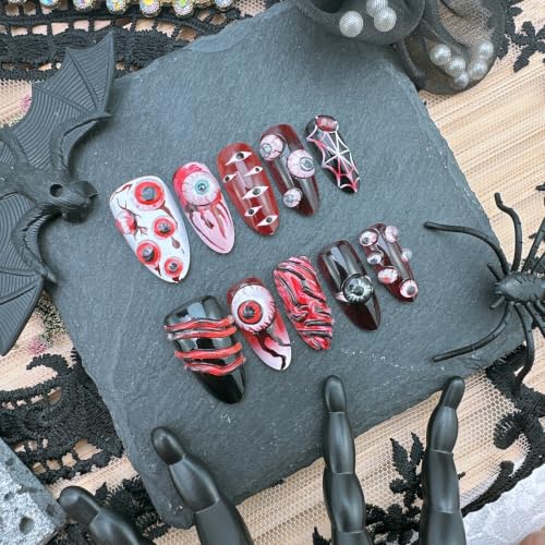 Halloween Press on Nails Medium Almond Fake Nails with 3D Bloody Eyeballs
