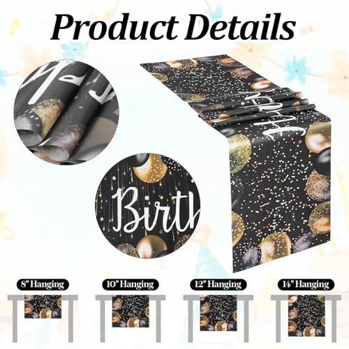 Happy Birthday Table Runner - Vintage Black Gold 72x13 In