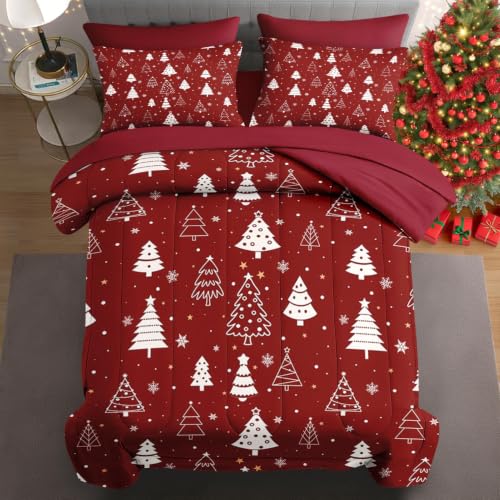 WeCozy King Christmas Tree Comforter Set with Sheets - Red Bedding, 7 Piece